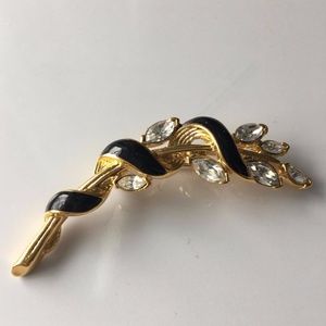 TRIFARI Gold Tone Black Enamel & Rhinestone Brooch